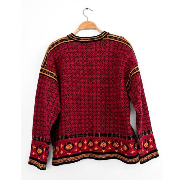 Squaw Valley Scandinavian Wool Knit Cardigan in Red Nordic Floral Fair Isle - Picture 5 of 8